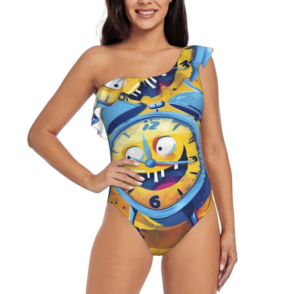 Gukieu Funny Alarm Clock Illustration Print One-shoulder Ruffled One-piece Swimsuit with Removable Chest Pads and Tummy-control Swimsuit for Women-XX-Large