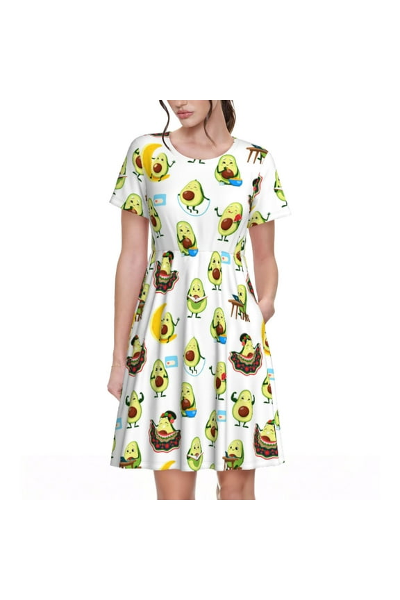Funny Avocado In Mexican Clothes Print Women's Short Sleeve Dress, Elastic Waistband A-line with Pockets Summer Dress, Suitable for Daily Leisure, Work, Vacation