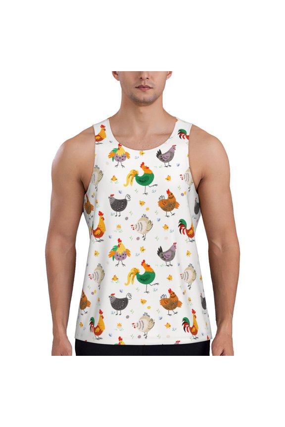 Funny Chicken Print Men's Quick Dry Fitness Vest, Round Neck Sleeveless Fitness Bodybuilding Top-3X-Large