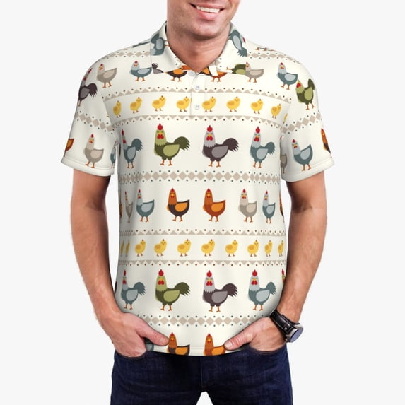 Gukieu Funny Chicken Print Men's Quick-drying POLO Shirt, Button-down Summer T-shirt, Suitable for Work and Outdoor Activities-4X-Large