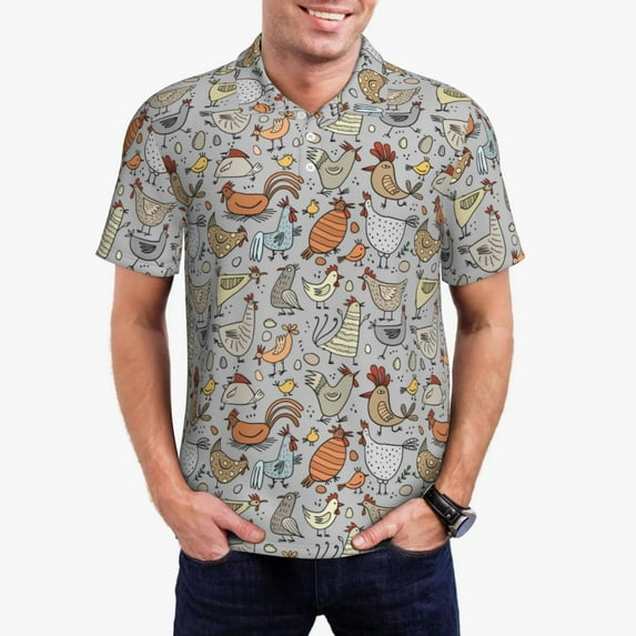 Gukieu Funny Chicken Print Men's Quick-drying POLO Shirt, Button-down Summer T-shirt, Suitable for Work and Outdoor Activities-Small