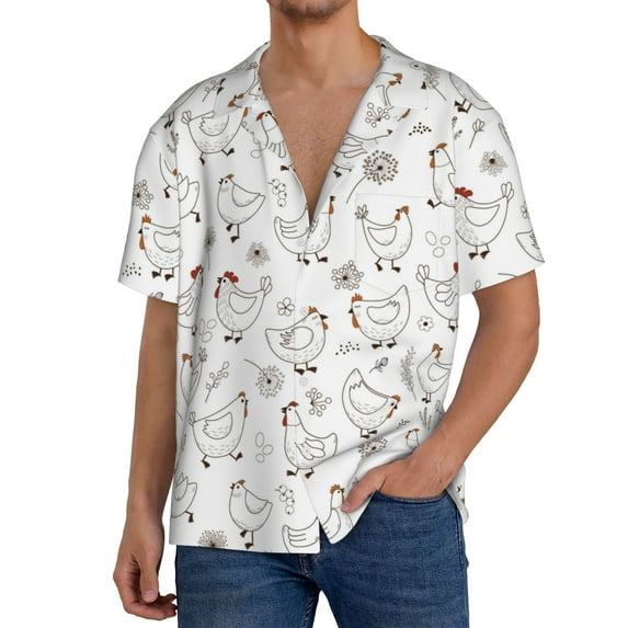 Gukieu Funny Chicken Print Men's Short-sleeved Shirts, Button-down Pocket Shirts, T-shirts, Beach Vacation Travel Summer Clothing-X-Large