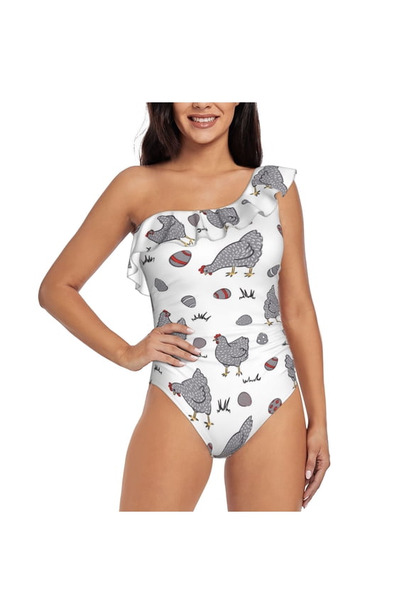 Funny Chicken Print One-shoulder Ruffled One-piece Swimsuit with Removable Chest Pads and Tummy-control Swimsuit for Women-Large