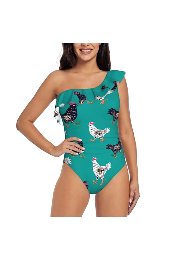 Funny Chicken Print One-shoulder Ruffled One-piece Swimsuit with Removable Chest Pads and Tummy-control Swimsuit for Women-Small