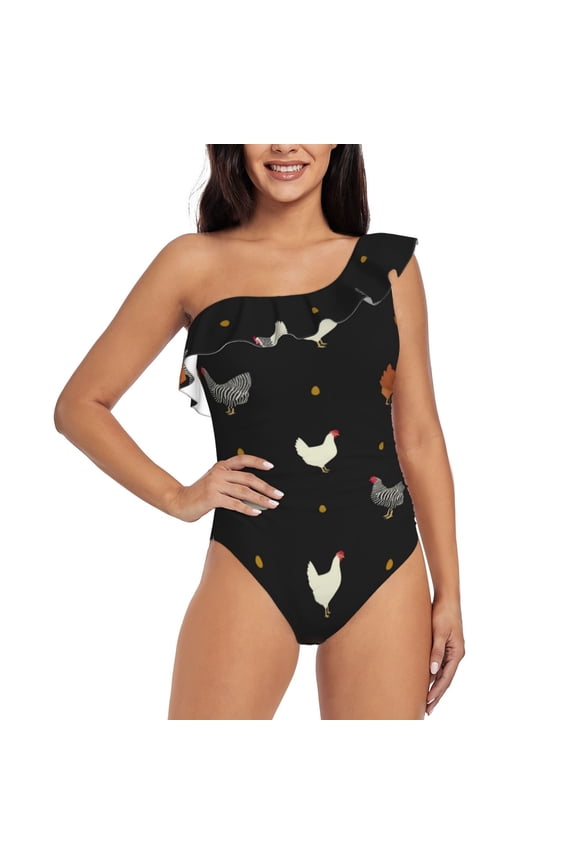 Funny Chicken Print One-shoulder Ruffled One-piece Swimsuit with Removable Chest Pads and Tummy-control Swimsuit for Women-Small