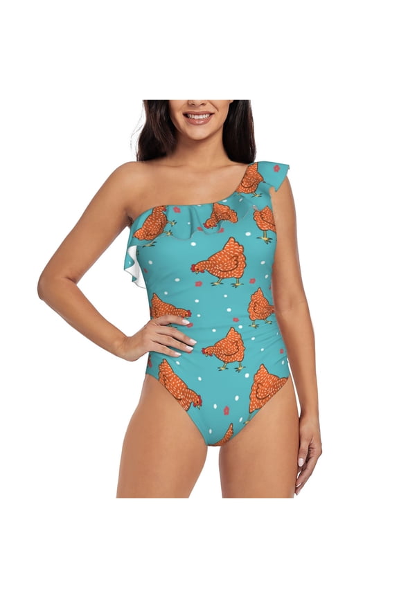 Funny Chicken Print One-shoulder Ruffled One-piece Swimsuit with Removable Chest Pads and Tummy-control Swimsuit for Women-Small