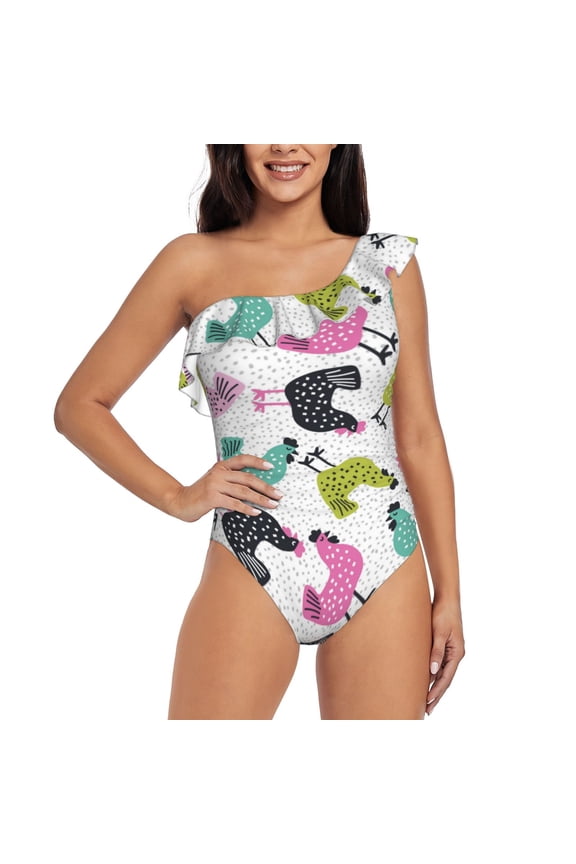 Funny Chicken Print One-shoulder Ruffled One-piece Swimsuit with Removable Chest Pads and Tummy-control Swimsuit for Women-Small