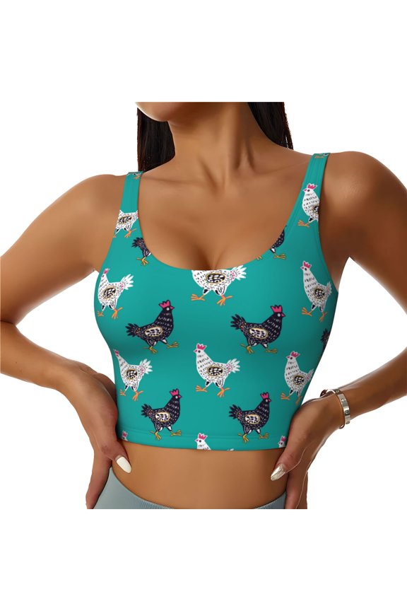 Funny Chicken Print Women's Sports Vest, Low-neck U-shaped Removable Pad Sports Bra for Yoga, Exercise, Dance-Medium