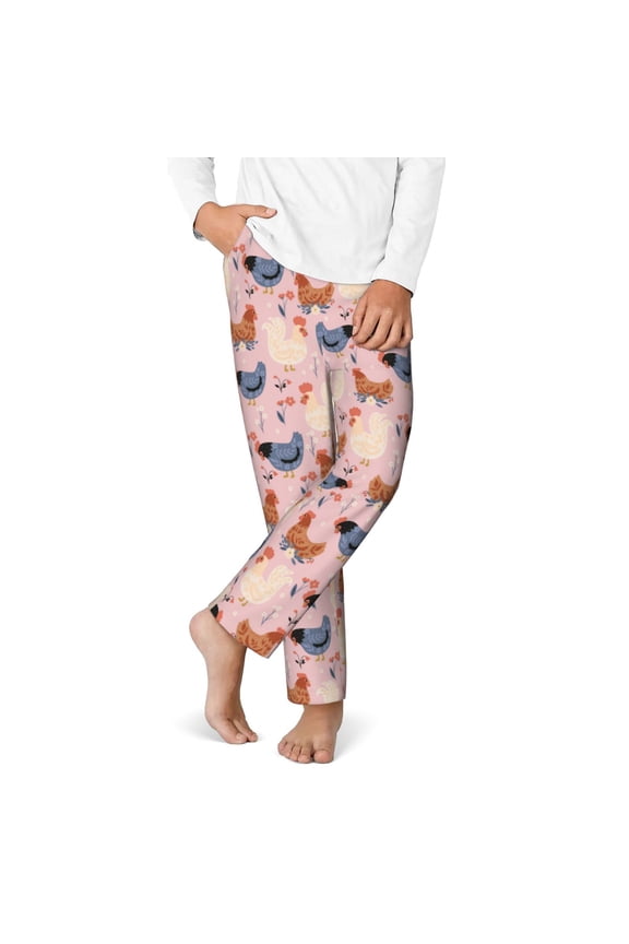 Funny Chicken Print Youth Home Trousers, Elastic Waistband with Pockets for Home and Outing, Suitable for Children Aged 5-16-Medium