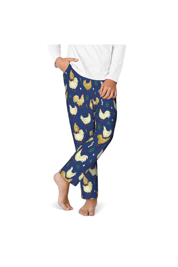 Funny Chicken Print Youth Home Trousers, Elastic Waistband with Pockets for Home and Outing, Suitable for Children Aged 5-16-Medium