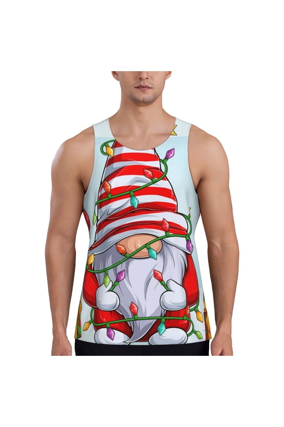 Funny Christmas Gnome Print Men's Quick Dry Fitness Vest, Round Neck Sleeveless Fitness Bodybuilding Top-Large
