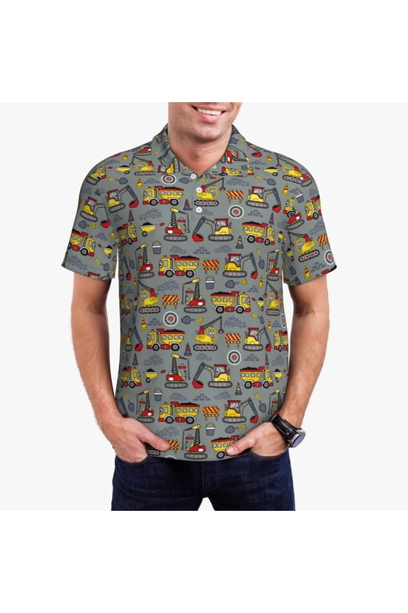 Funny Construction Print Men's Quick-drying POLO Shirt, Button-down Summer T-shirt, Suitable for Work and Outdoor Activities-Large