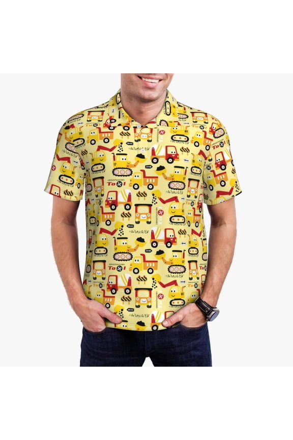 Funny Construction Vehicles Print Men's Quick-drying POLO Shirt, Button-down Summer T-shirt, Suitable for Work and Outdoor Activities-Small