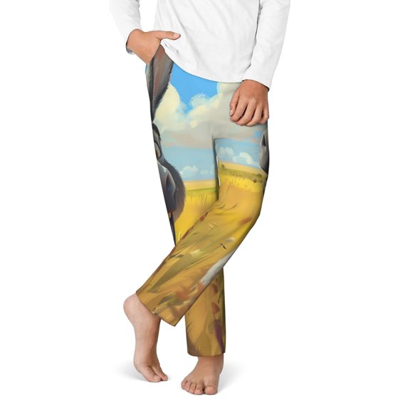Gukieu Funny Countryside Donkey Print Youth Home Trousers, Elastic Waistband with Pockets for Home and Outing, Suitable for Children Aged 5-16-Small