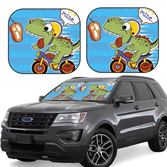 Gukieu Funny Dinosaurs Pursue a Meat,Dinosaur Riding a Motorcycle Print Car Windshield Sun Visor, Foldable Anti-UV Car Sun Visor Suitable for Vans, Trucks Car Accessories-Small