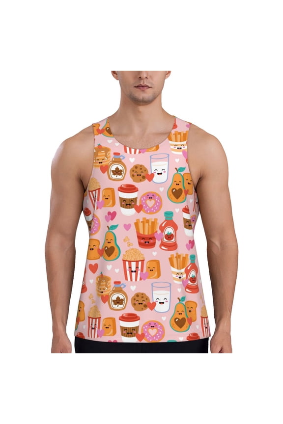 Funny Food Print Men's Quick Dry Fitness Vest, Round Neck Sleeveless Fitness Bodybuilding Top-X-Large