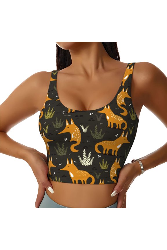 Funny Fox by the Field Print Women's Sports Vest, Low-neck U-shaped Removable Pad Sports Bra for Yoga, Exercise, Dance-Large