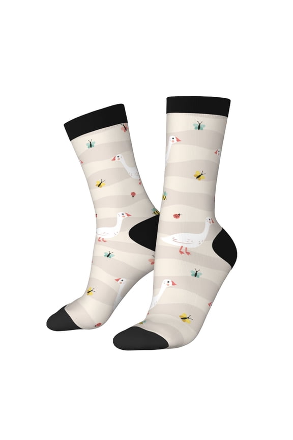 Funny Goose1 Print Contrast Color Mid-calf Socks, Sweat-wicking Athletic Socks, Unisex Clothing Accessories