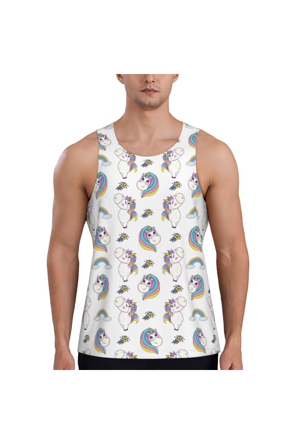 Funny Kawaii Unicorns Dancing Print Men's Quick Dry Fitness Vest, Round Neck Sleeveless Fitness Bodybuilding Top-Medium