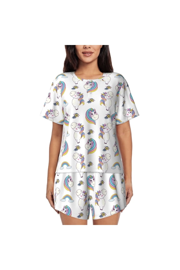 Funny Kawaii Unicorns Dancing Print Women's Short-sleeved Pajama Set, Round Neck Button Top Elastic Shorts 2-piece Set, Summer Home Leisure Clothing-Medium