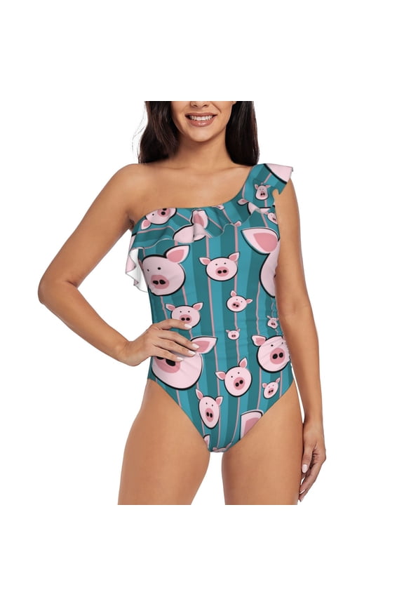 Funny Pig Faces Print One-shoulder Ruffled One-piece Swimsuit with Removable Chest Pads and Tummy-control Swimsuit for Women-Medium