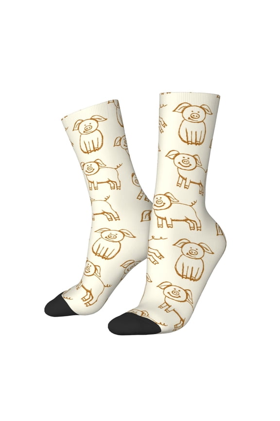 Funny Pigs Print Contrast Color Mid-calf Socks, Sweat-wicking Athletic Socks, Unisex Clothing Accessories