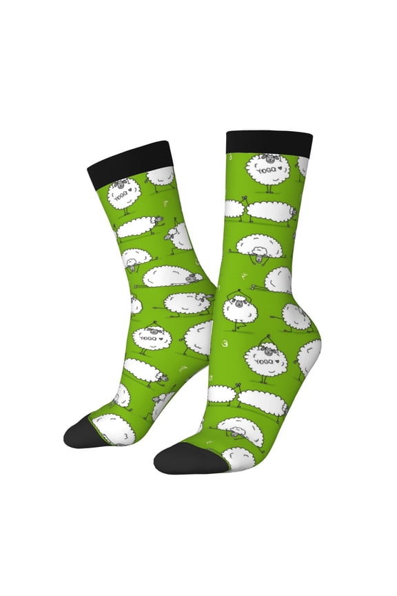 Funny Sheep Doing Yoga Print Contrast Color Mid-calf Socks, Sweat-wicking Athletic Socks, Unisex Clothing Accessories