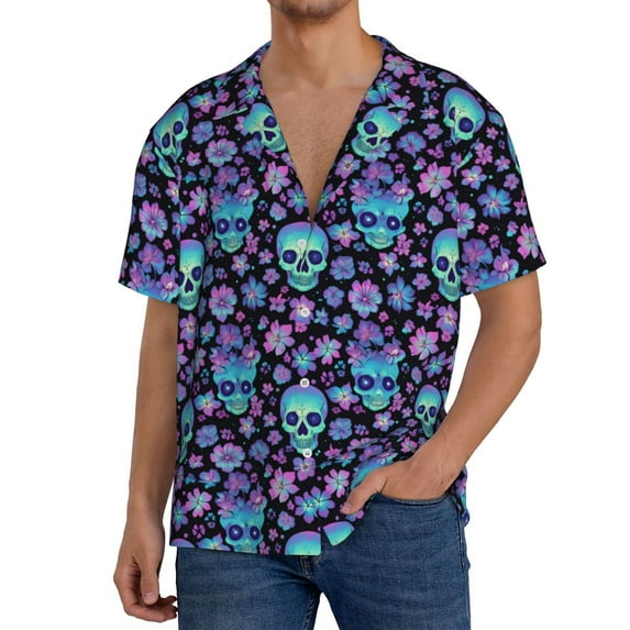 Gukieu Funny Skull Flower Print Men's Short-sleeved Shirts, Button-down Pocket Shirts, T-shirts, Beach Vacation Travel Summer Clothing-X-Large
