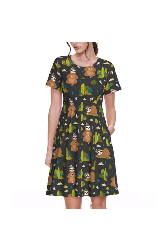Funny Sloths In The Forest Print Women's Short Sleeve Dress, Elastic Waistband A-line with Pockets Summer Dress, Suitable for Daily Leisure, Work, Vacation
