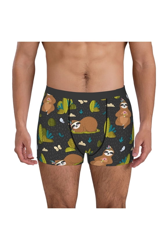 Funny Sloths In The Forest Print Men's Boxer Briefs, High Elastic Moisture Wicking Boxer Briefs Underwear-Large
