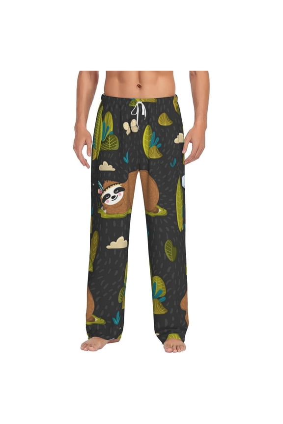 Funny Sloths In The Forest Print Men's Home Trousers, Elastic Drawstring Home Pajamas Clothing Suitable for Adult Men-3X-Large