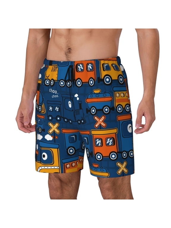 Funny Steam Train Print Men's Double Layer Sports Swim Trunks, Quick Dry Adjustable Waist Swim Shorts Swimwear-X-Large