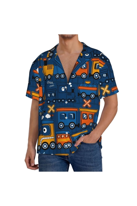Funny Steam Train Print Men's Short-sleeved Shirts, Button-down Pocket Shirts, T-shirts, Beach Vacation Travel Summer Clothing-Small