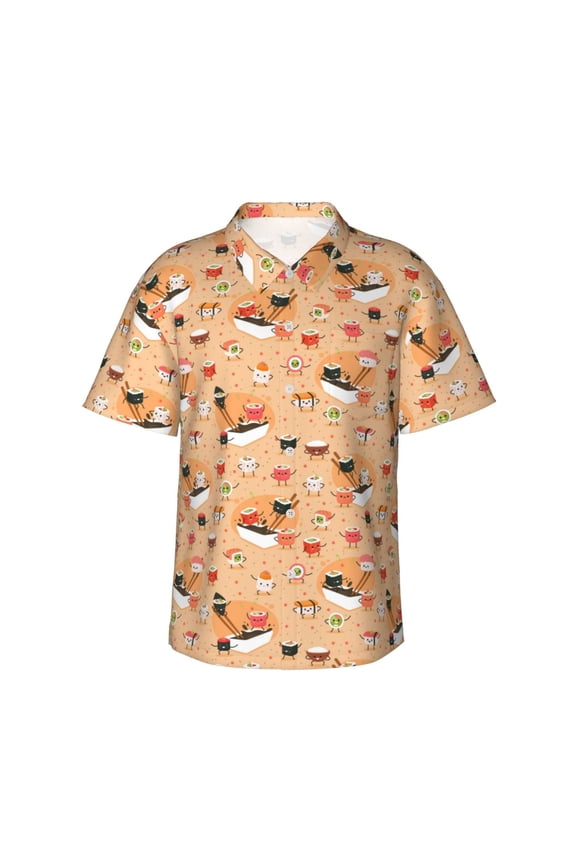 Funny Sushi Print Men's Short-sleeved Shirts, Button-down Lapel Hawaiian Shirts, T-shirts, Beach Vacation Summer Casual Wear,3X-Large