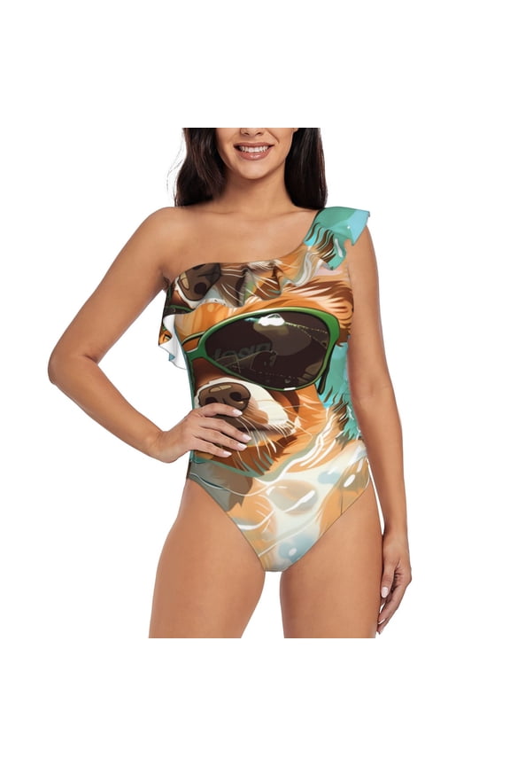 Funny Swimming Chihuahua Print One-shoulder Ruffled One-piece Swimsuit with Removable Chest Pads and Tummy-control Swimsuit for Women-Small