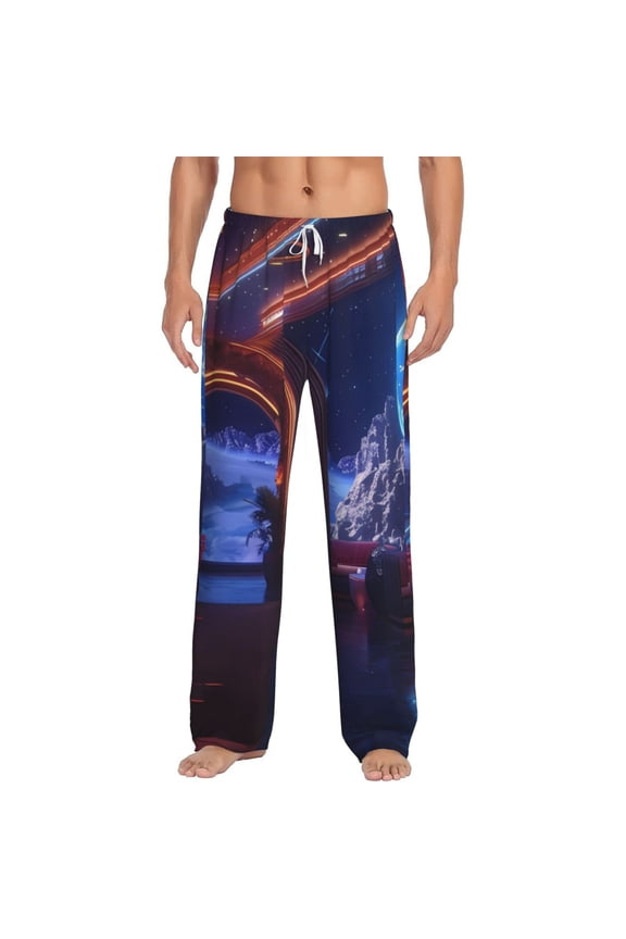 Futuristic Bar Space View Print Men's Home Trousers, Elastic Drawstring Home Pajamas Clothing Suitable for Adult Men-Medium