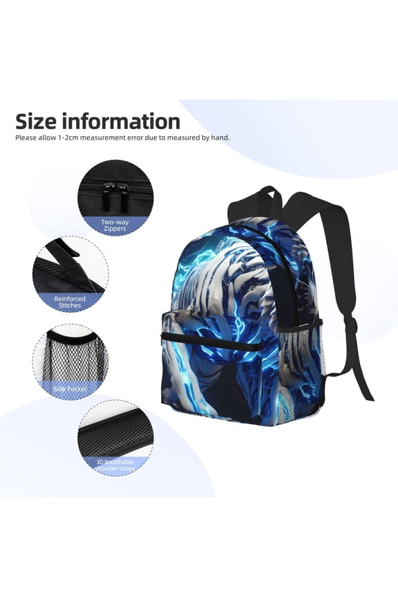 Futuristic Blue Light White Tiger Print Backpack, Waterproof Backpack with Adjustable Shoulder Straps, Suitable for Campus, Business, Travel, Unisex