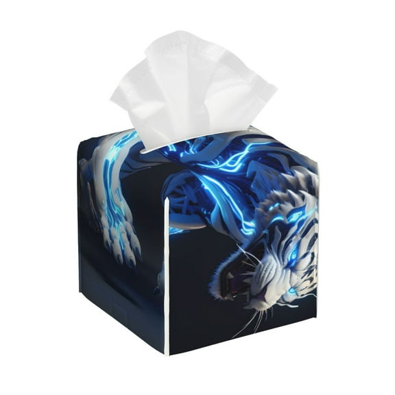 Gukieu Futuristic Blue Light White Tiger Print Leather Tissue Box, PVC Waterproof Velcro Opening and Closing Square Tissue Box Holder, Suitable for Home and Office Decoration