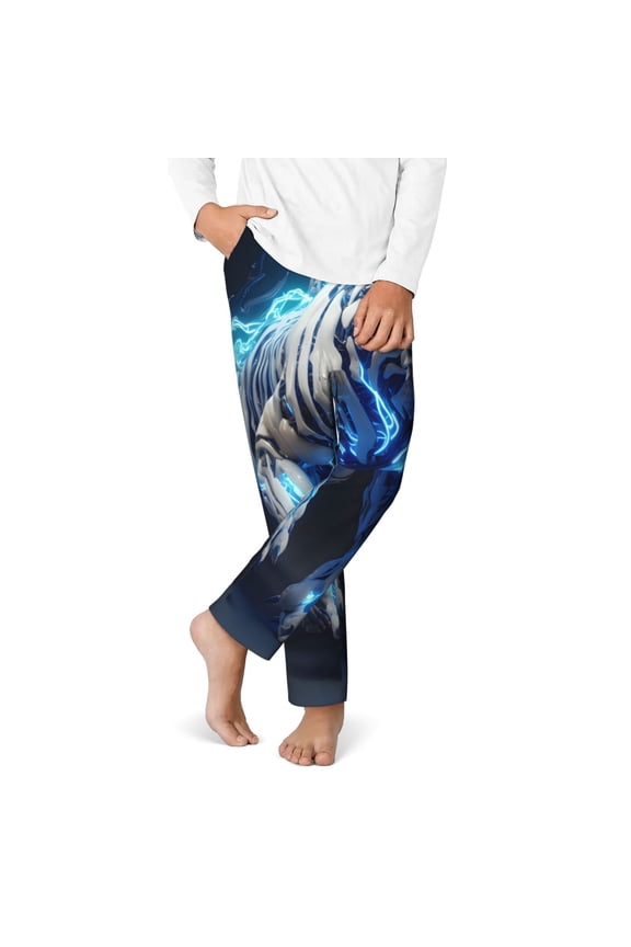 Futuristic Blue Light White Tiger Print Youth Home Trousers, Elastic Waistband with Pockets for Home and Outing, Suitable for Children Aged 5-16-Medium