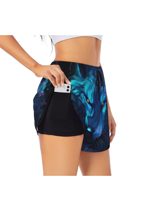 Futuristic Blue Light Wolf Print Women's Sports Shorts with Drawstring Elastic Waistband for Running, Yoga, Fitness-Small