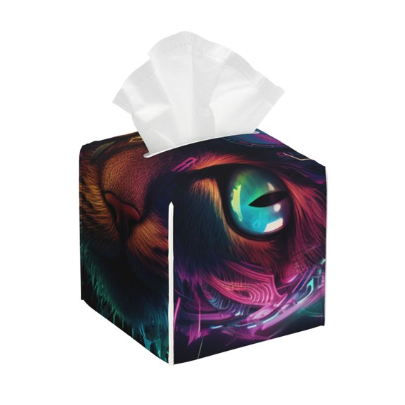 Gukieu Futuristic Cat Warrior Print Leather Tissue Box, PVC Waterproof Velcro Opening and Closing Square Tissue Box Holder, Suitable for Home and Office Decoration