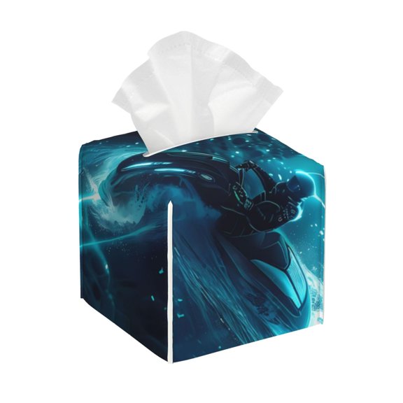 Gukieu Futuristic Jet Ski Adventure Print Leather Tissue Box, PVC Waterproof Velcro Opening and Closing Square Tissue Box Holder, Suitable for Home and Office Decoration