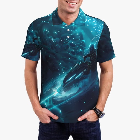 Gukieu Futuristic Jet Ski Adventure Print Men's Quick-drying POLO Shirt, Button-down Summer T-shirt, Suitable for Work and Outdoor Activities-Medium