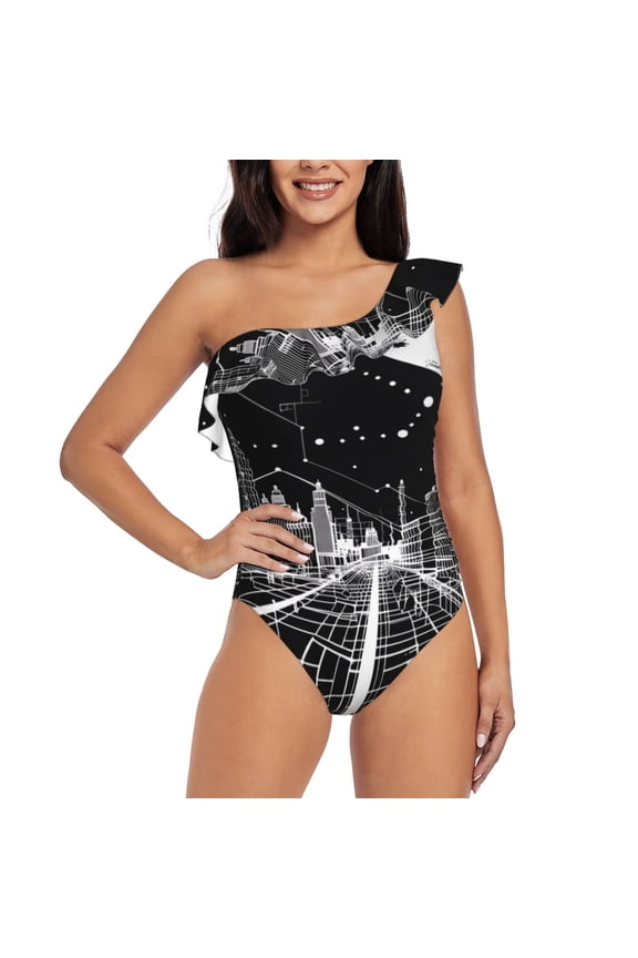 Futuristic Moonlit Cityscape Print One-shoulder Ruffled One-piece Swimsuit with Removable Chest Pads and Tummy-control Swimsuit for Women-Medium