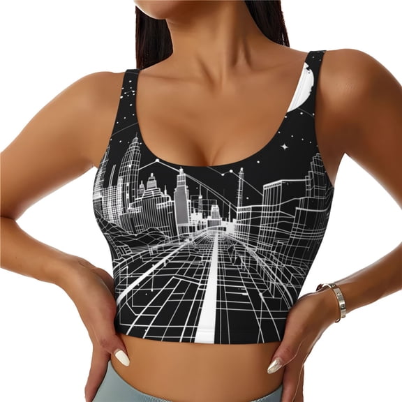 Gukieu Futuristic Moonlit Cityscape Print Women's Sports Vest, Low-neck U-shaped Removable Pad Sports Bra for Yoga, Exercise, Dance-Large