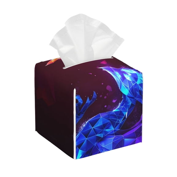 Gukieu Futuristic Red And Blue Bird Print Leather Tissue Box, PVC Waterproof Velcro Opening and Closing Square Tissue Box Holder, Suitable for Home and Office Decoration