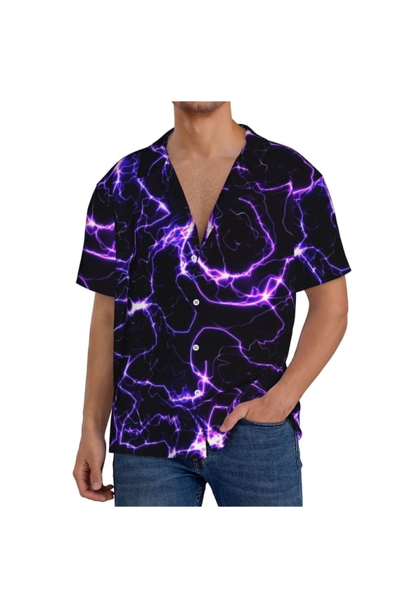 Galaxy Lightning Print Men's Short-sleeved Shirts, Button-down Pocket Shirts, T-shirts, Beach Vacation Travel Summer Clothing-3X-Large