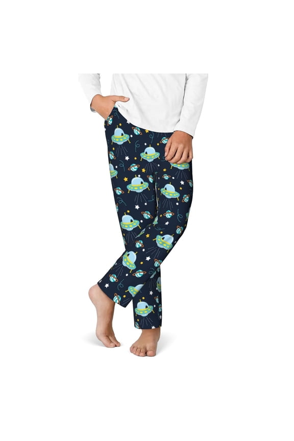 Galaxy With Ufo Print Youth Home Trousers, Elastic Waistband with Pockets for Home and Outing, Suitable for Children Aged 5-16-Medium