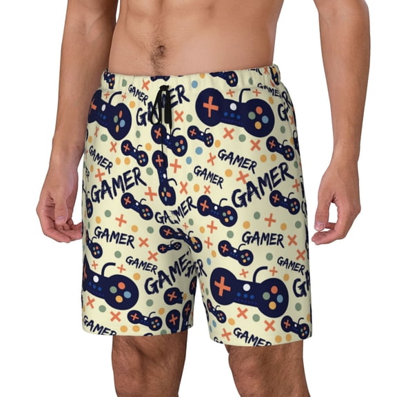 Gukieu Game Controller Print Men's Double Layer Sports Swim Trunks, Quick Dry Adjustable Waist Swim Shorts Swimwear-Small