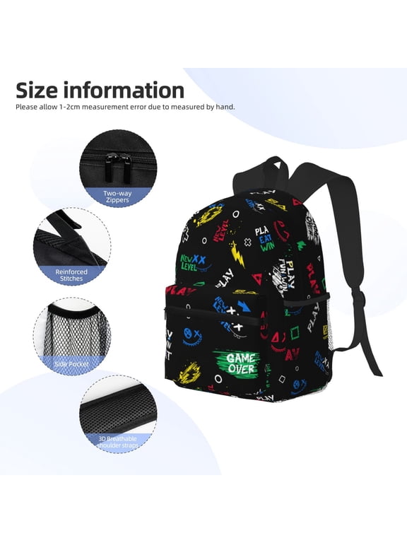 Gamepads Print Backpack, Waterproof Backpack with Adjustable Shoulder Straps, Suitable for Campus, Business, Travel, Unisex